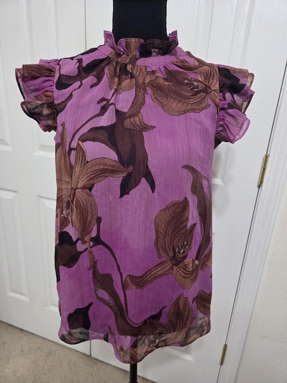 Express Purple Floral Ruffle Neck Blouse
